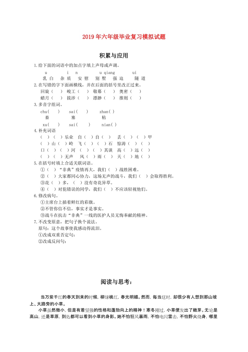 2019年六年级毕业复习模拟试题.doc_第1页