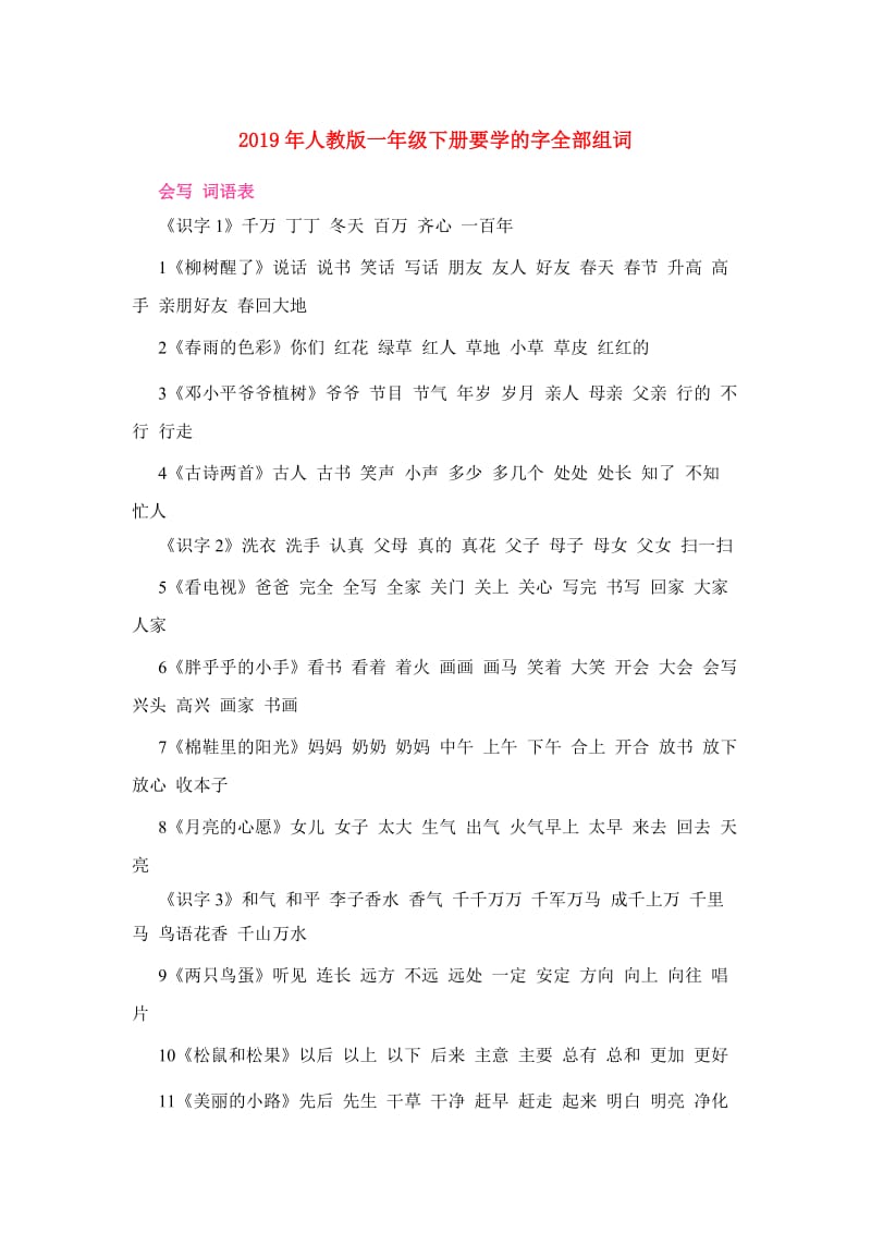 2019年人教版一年级下册要学的字全部组词.doc_第1页