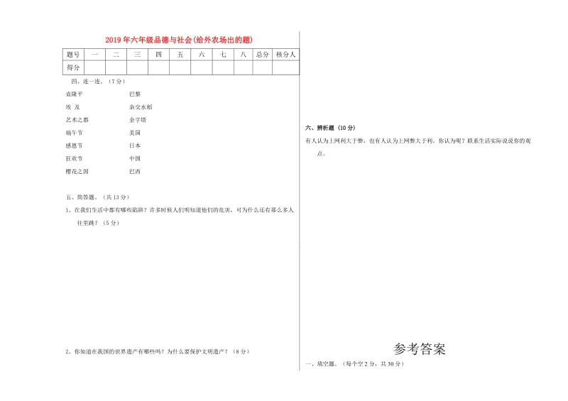 2019年六年级品德与社会(给外农场出的题).doc_第1页