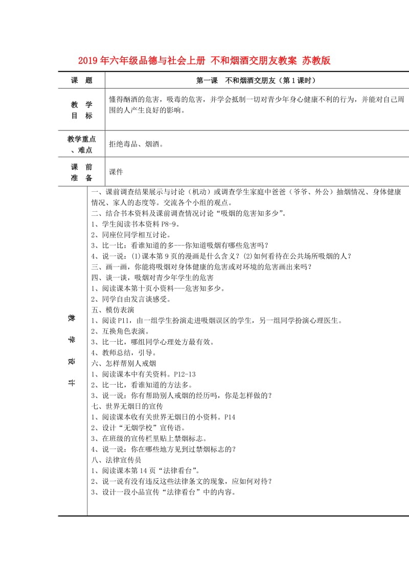 2019年六年级品德与社会上册 不和烟酒交朋友教案 苏教版.doc_第1页