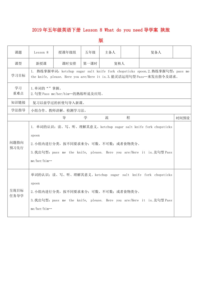 2019年五年级英语下册 Lesson 8 What do you need导学案 陕旅版.doc_第1页