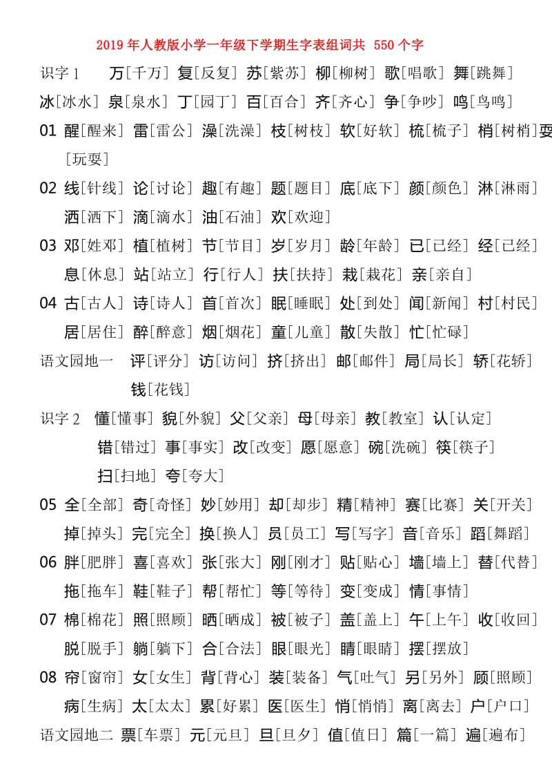 2019年人教版小学一年级下学期生字表组词共550个字.doc_第1页