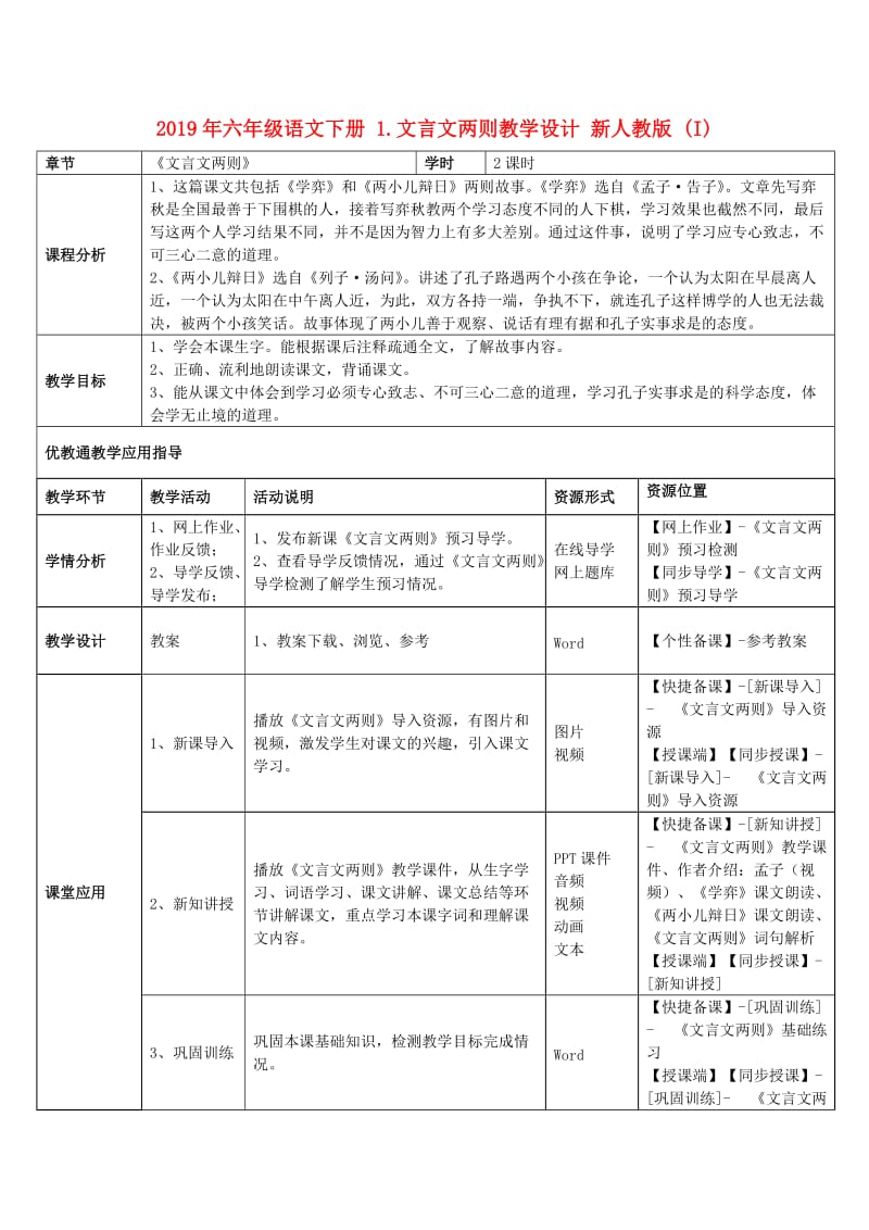 2019年六年级语文下册 1.文言文两则教学设计 新人教版 (I).doc_第1页