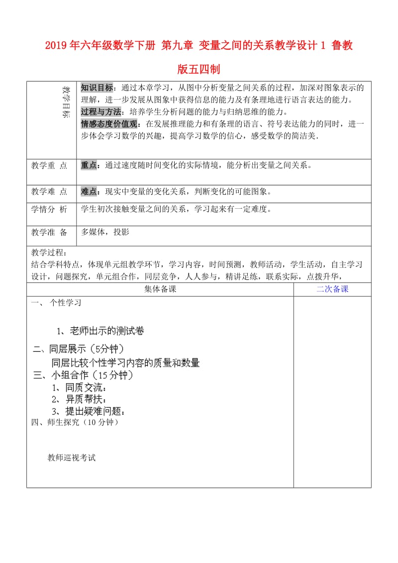 2019年六年级数学下册 第九章 变量之间的关系教学设计1 鲁教版五四制.doc_第1页