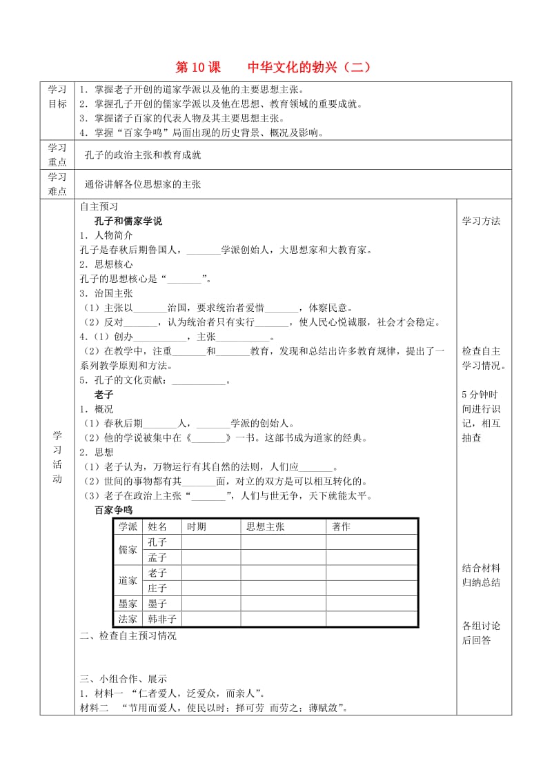 2019年六年级历史上册 第二单元 国家的产生和社会的变革 第10课 中华文化的勃兴（二）导学案 鲁教版五四制.doc_第1页