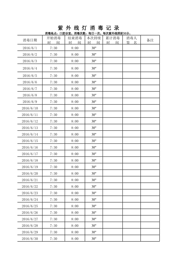 紫外线灯消毒记录表_第1页