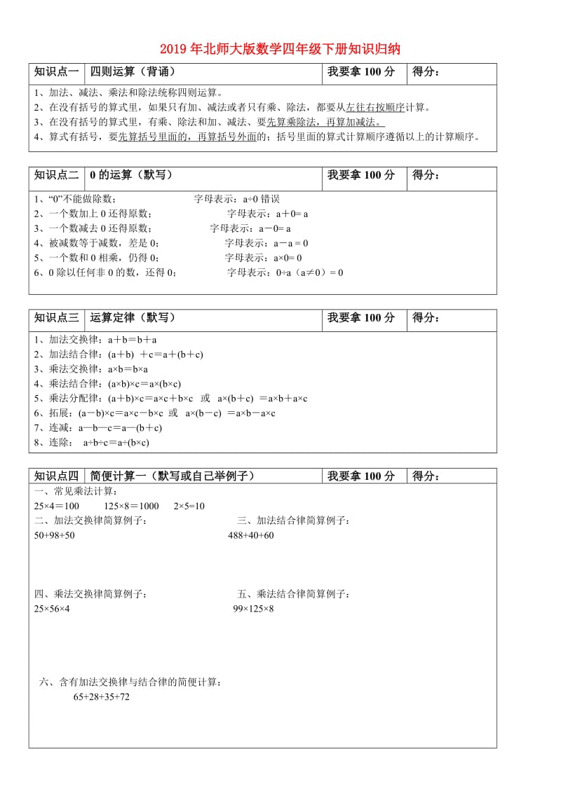 2019年北师大版数学四年级下册知识归纳.doc_第1页