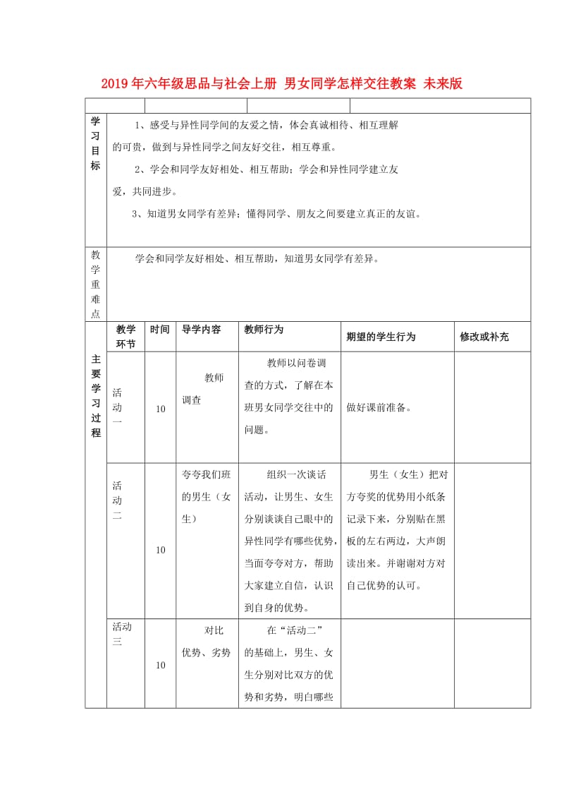 2019年六年级思品与社会上册 男女同学怎样交往教案 未来版.doc_第1页