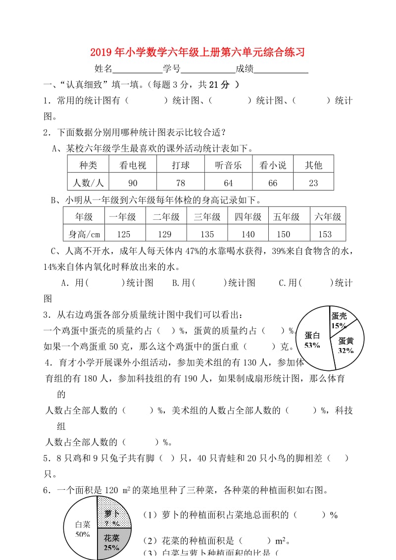 2019年小学数学六年级上册第六单元综合练习.doc_第1页