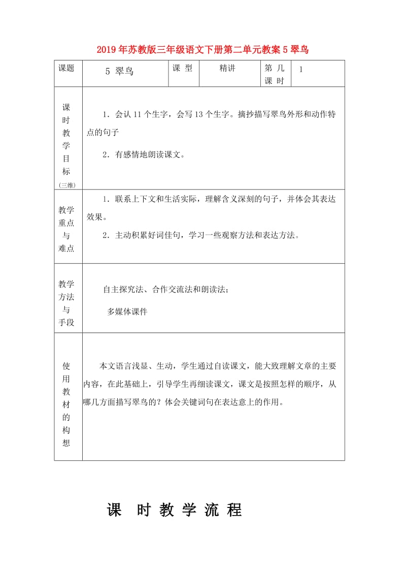 2019年苏教版三年级语文下册第二单元教案5翠鸟.doc_第1页