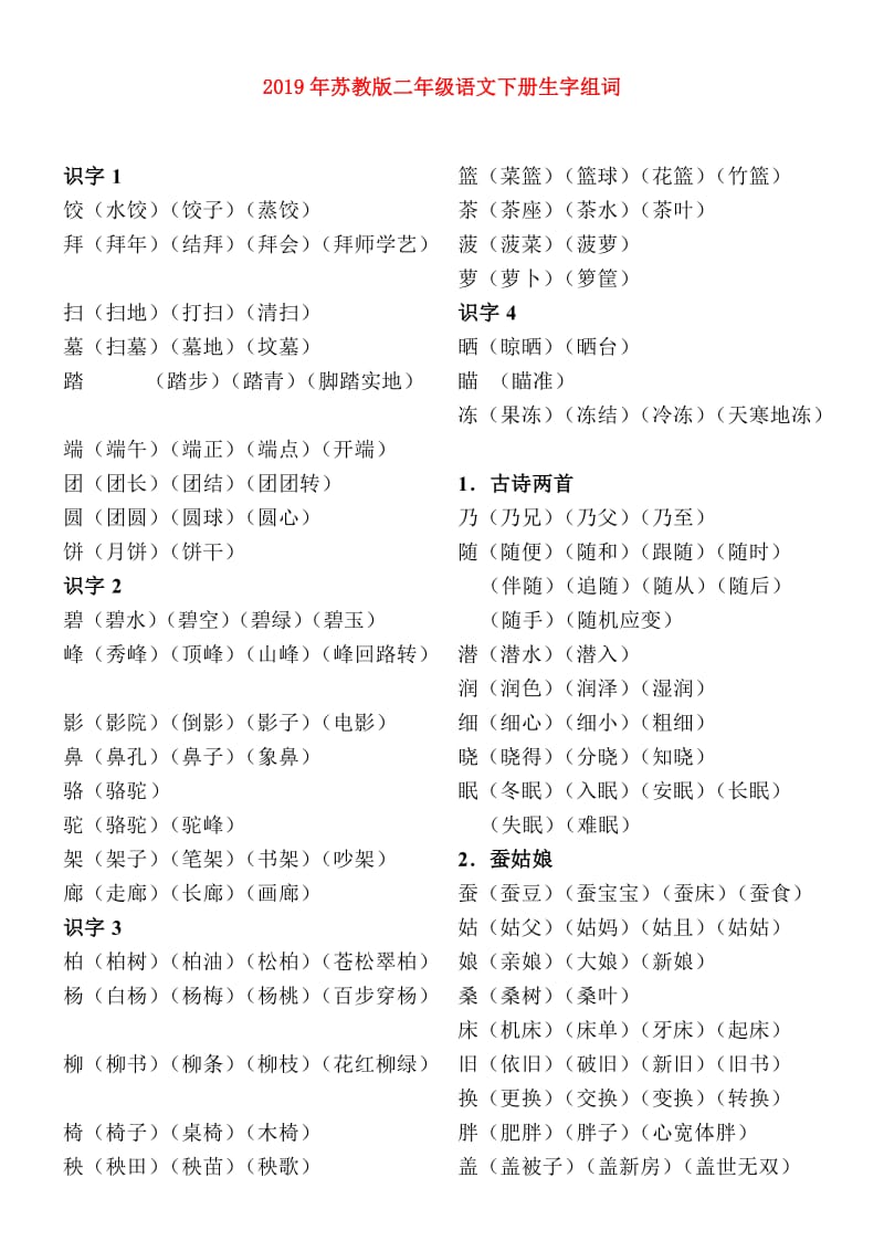 2019年苏教版二年级语文下册生字组词.doc_第1页