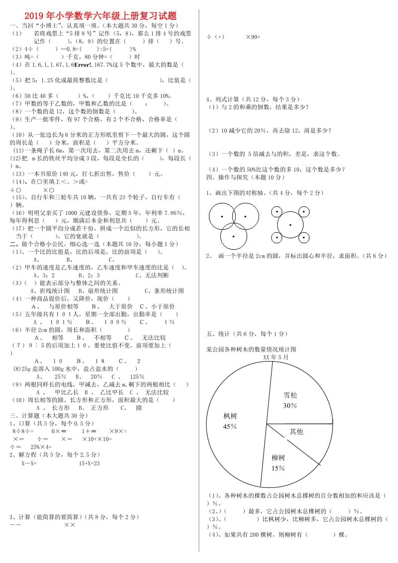 2019年小学数学六年级上册复习试题.doc_第1页