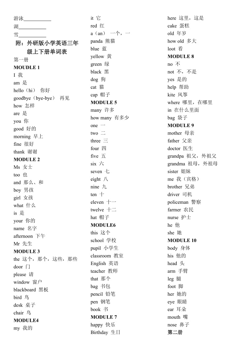 2019年小学英语三年级上下册单词练习表(外研版)中译英.doc_第3页