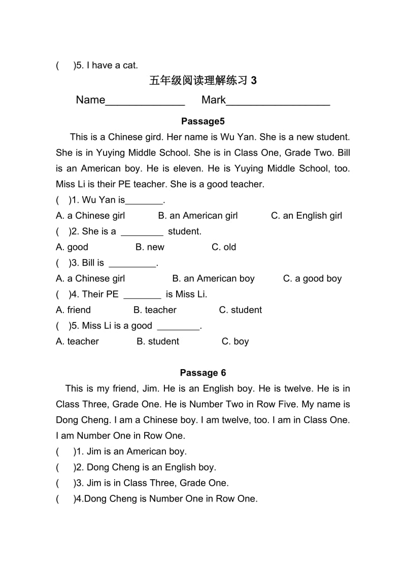 2019年英语同步练习题考试题试卷教案小学五年级英语阅读理解.doc_第3页