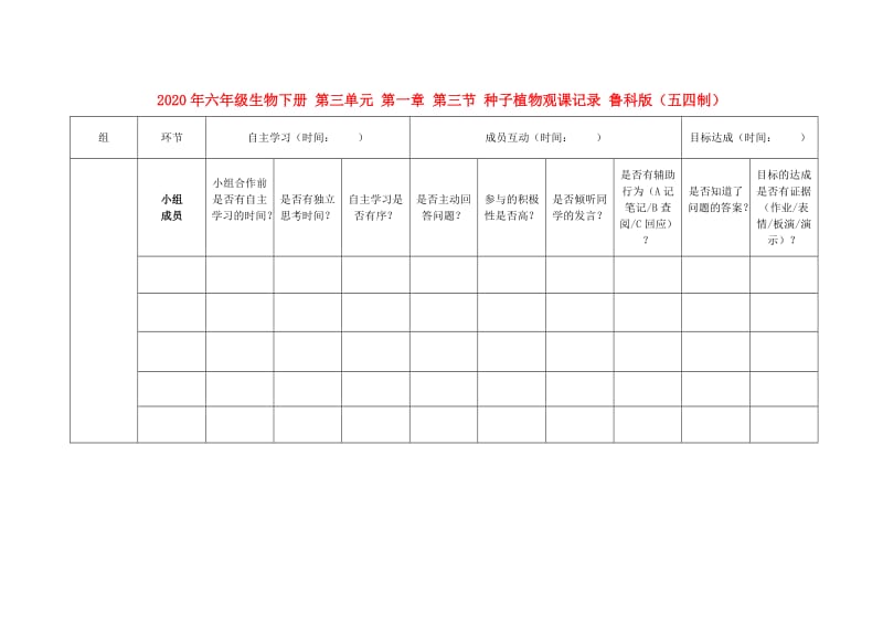 2020年六年级生物下册 第三单元 第一章 第三节 种子植物观课记录 鲁科版（五四制）.doc_第1页