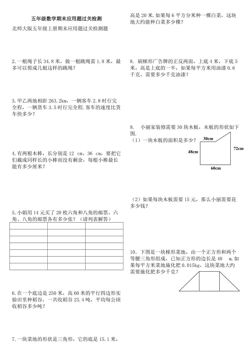 2019-2020学年北师大版五年级上册期末应用题过关检测题.doc_第1页