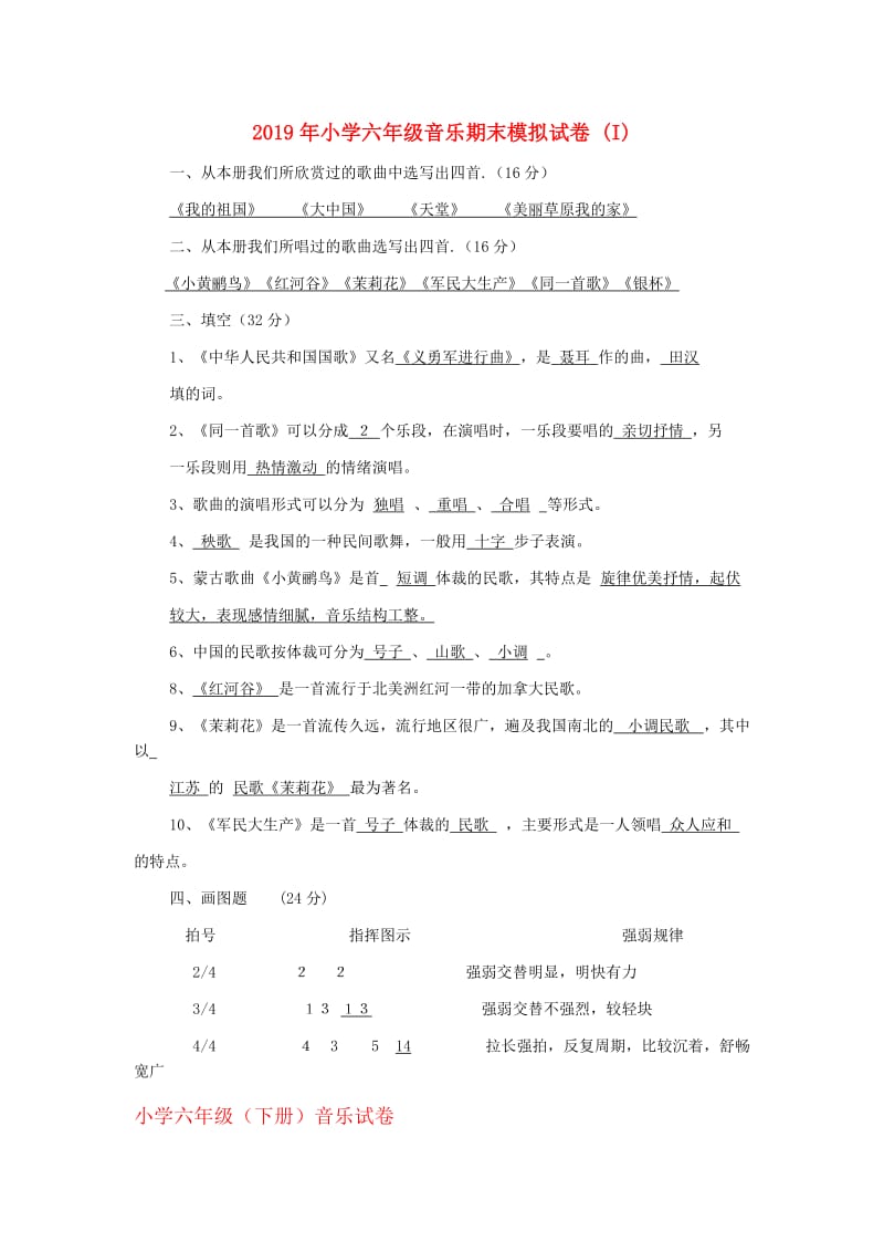 2019年小学六年级音乐期末模拟试卷 (I).doc_第1页