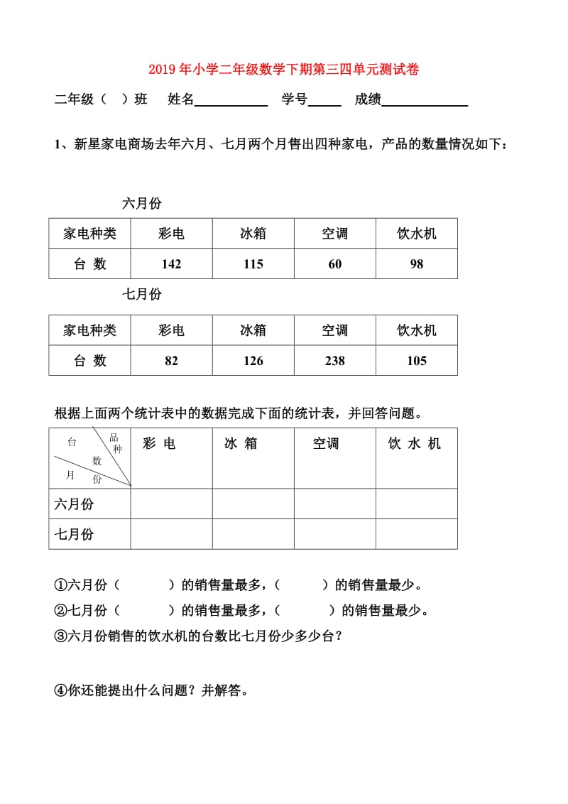 2019年小学二年级数学下期第三四单元测试卷.doc_第1页