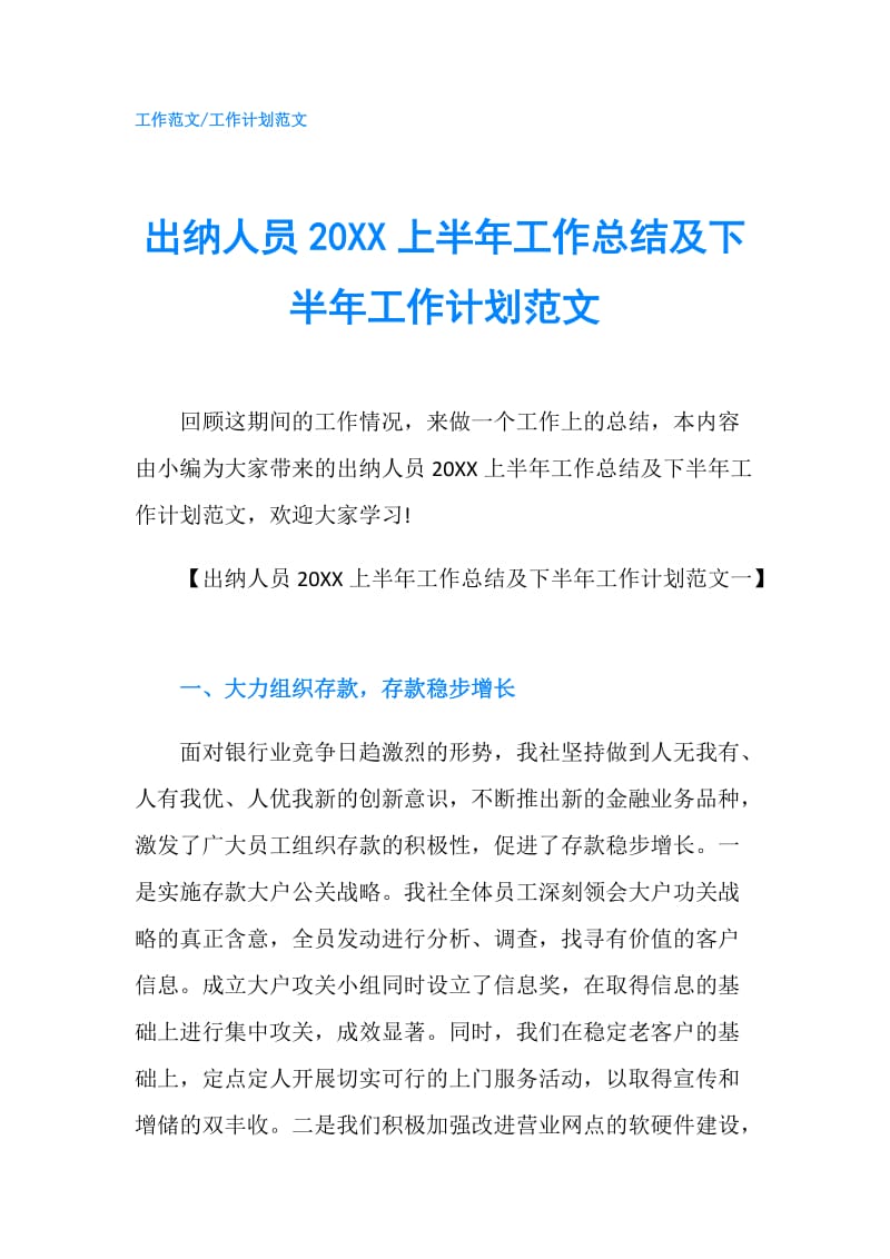 出纳人员20XX上半年工作总结及下半年工作计划范文.doc_第1页