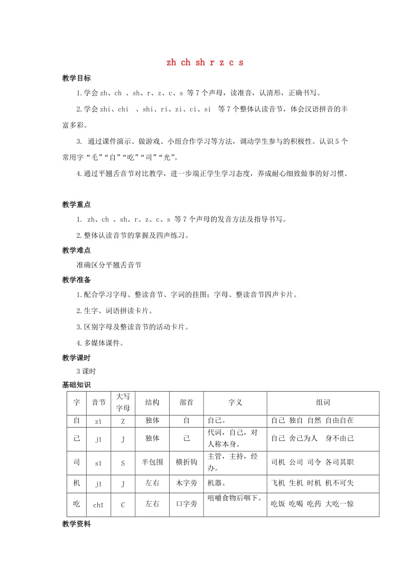 2019秋一年级语文上册 第2单元 汉字家园一（zh ch sh r z c s）教学设计6 长春版.doc_第1页