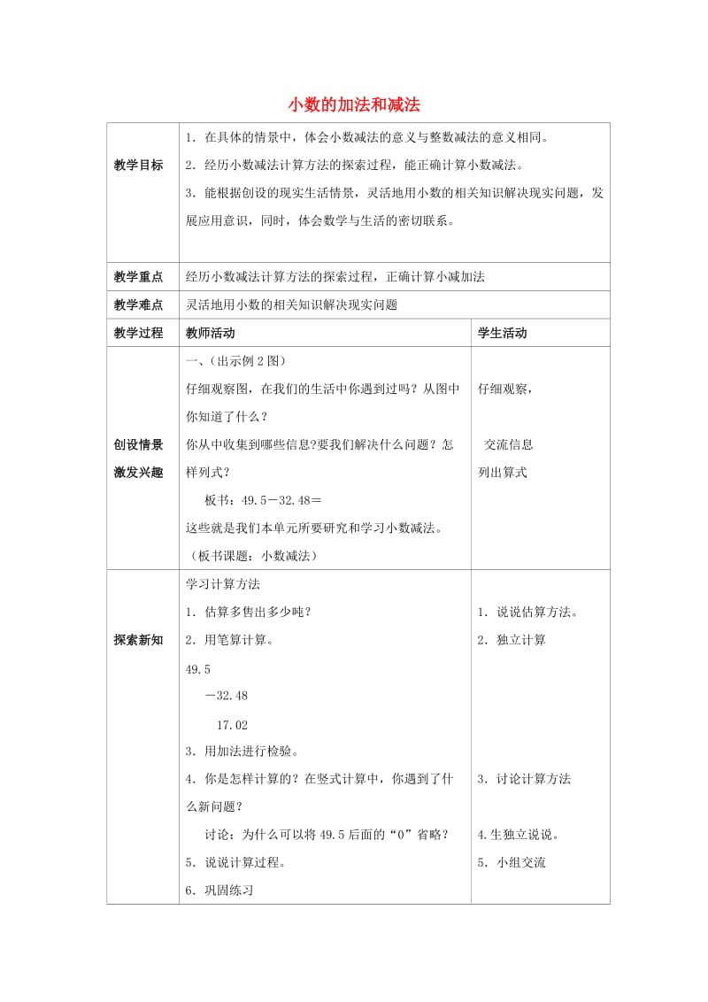 2019春四年级数学下册 7.1《小数的加法和减法》教案2 （新版）西师大版.doc_第1页