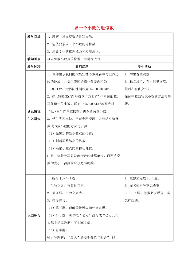 2019春四年级数学下册 5.4《小数的近似数》教案1 （新版）西师大版.doc_第1页