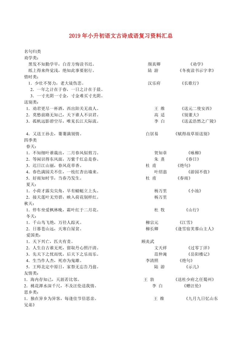 2019年小升初语文古诗成语复习资料汇总.doc_第1页