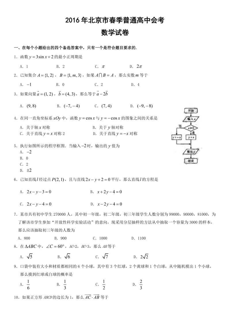 2016年北京市春季高中会考数学试卷_第1页