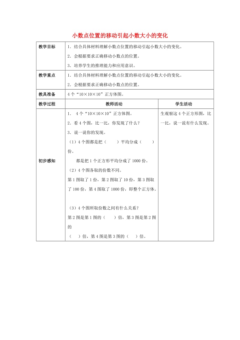 2019春四年级数学下册 5.3《小数点位置移动引起小数大小的变化》教案1 （新版）西师大版.doc_第1页