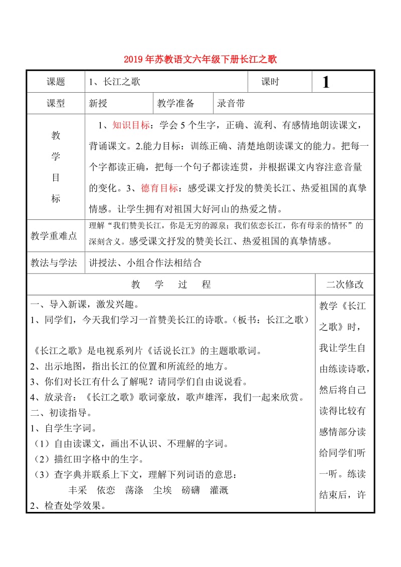 2019年苏教语文六年级下册长江之歌.doc_第1页