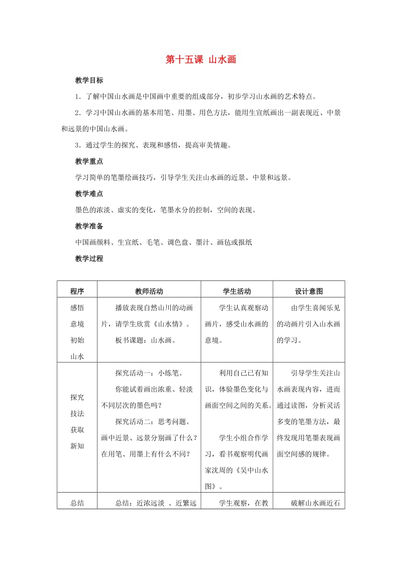 2019春五年级美术下册 第15课《山水画》教案 人美版.doc_第1页