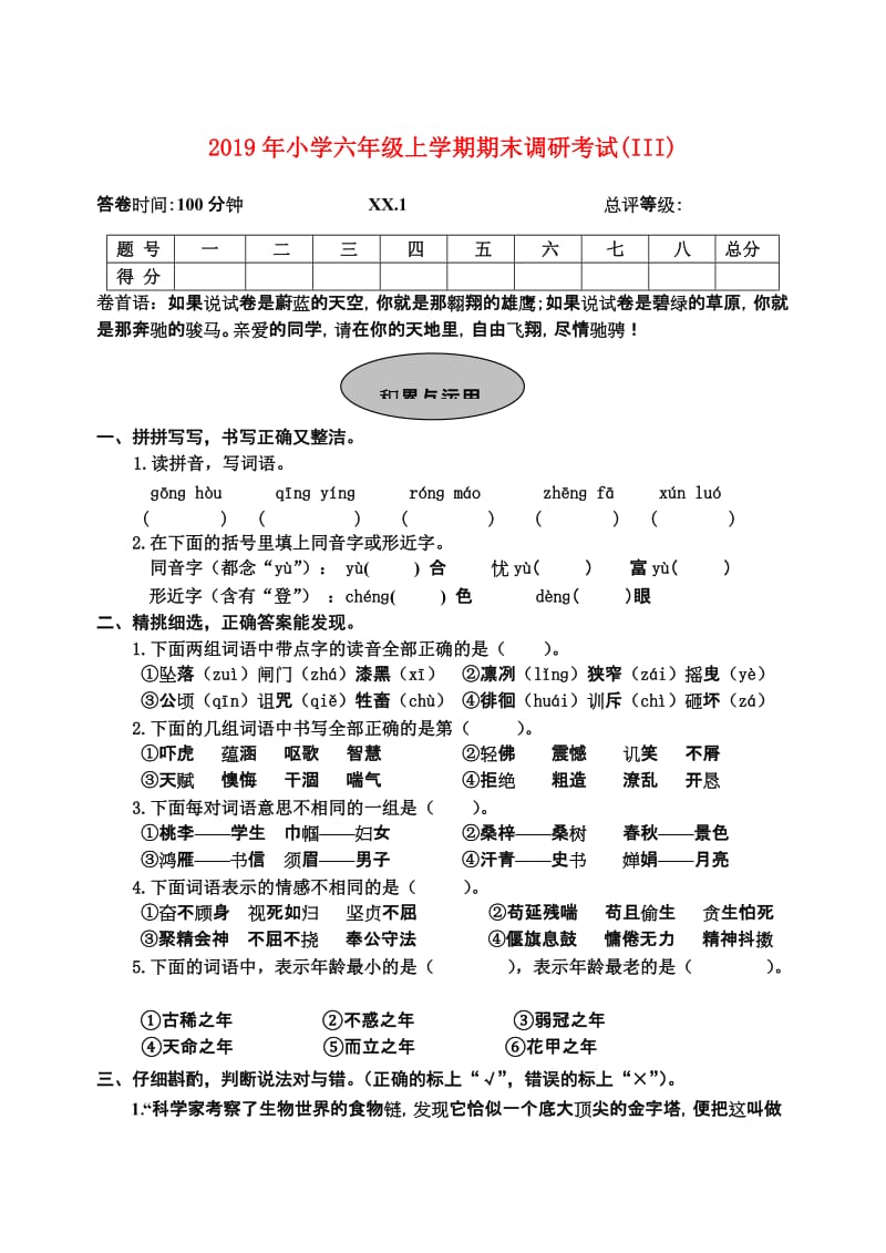 2019年小学六年级上学期期末调研考试(III).doc_第1页