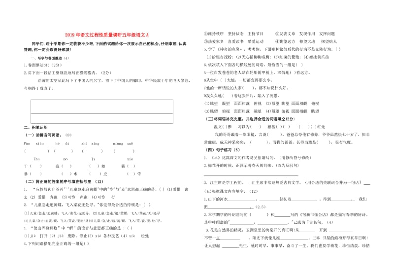 2019年语文过程性质量调研五年级语文A.doc_第1页