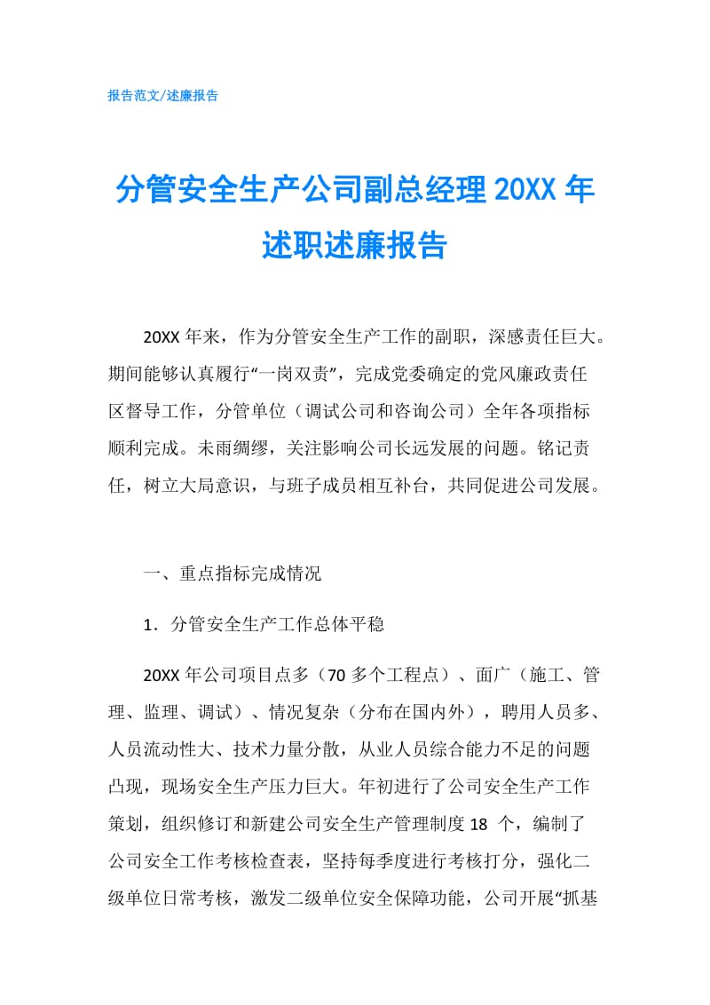 分管安全生产公司副总经理20XX年述职述廉报告.doc_第1页