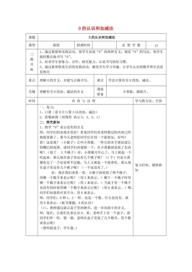 一年级数学上册 第3单元 1-5的认识和加减法《0》0的认识和加减法教案 新人教版x.doc_第1页