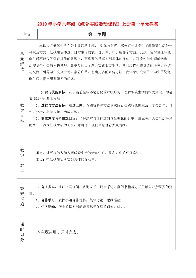 2019年小学六年级《综合实践活动课程》上册第一单元教案.doc_第1页