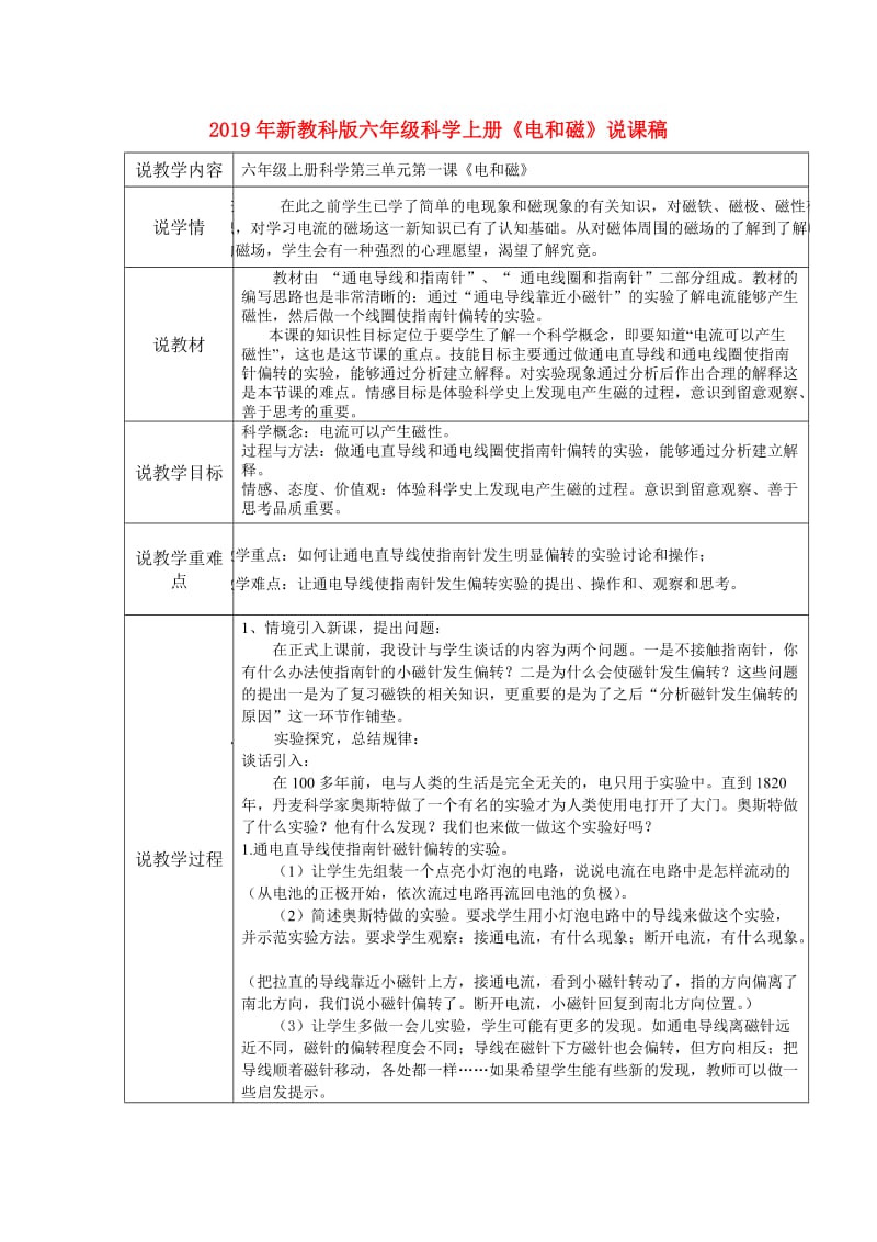 2019年新教科版六年级科学上册《电和磁》说课稿.doc_第1页