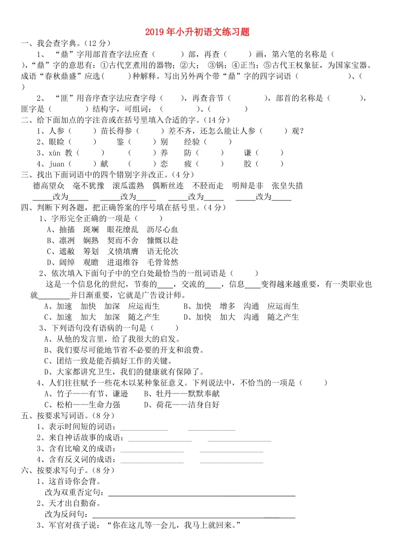 2019年小升初语文练习题.doc_第1页