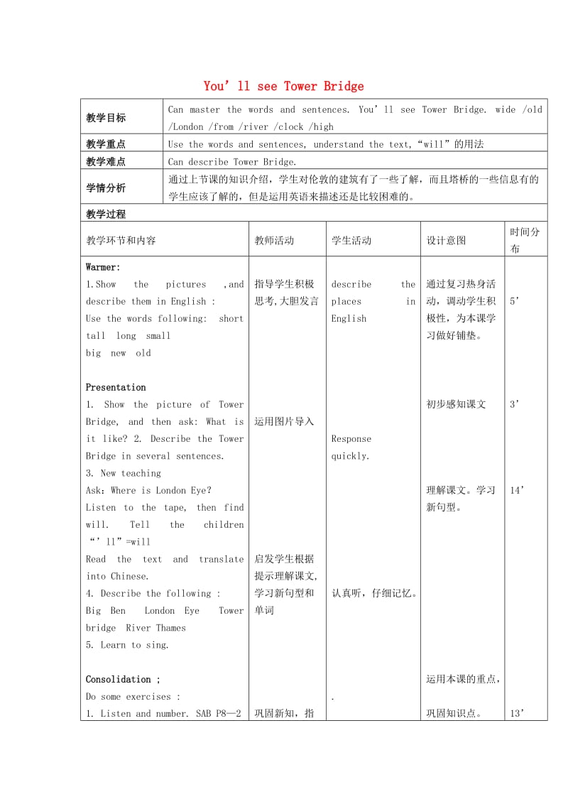 2019春三年级英语下册 Module 2 Unit 2《You’ll see Tower Bridge》教案2 外研版.doc_第1页