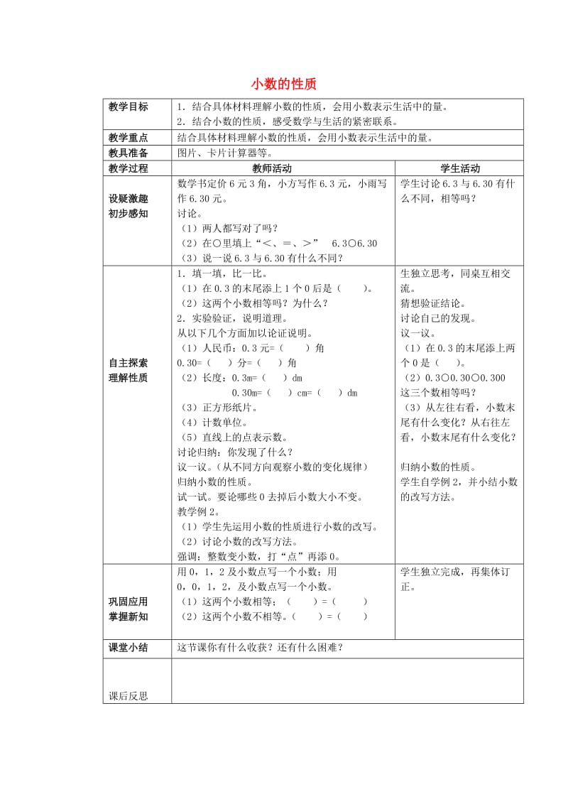 2019春四年级数学下册 5.2《小数的性质》教案1 （新版）西师大版.doc_第1页