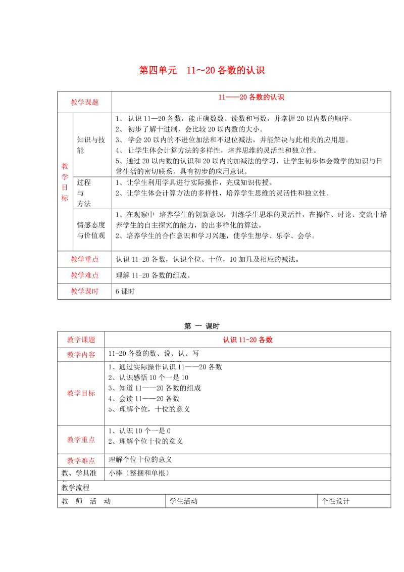 2019秋一年级数学上册 第四单元 11-20各数的认识教案 西师大版.doc_第1页