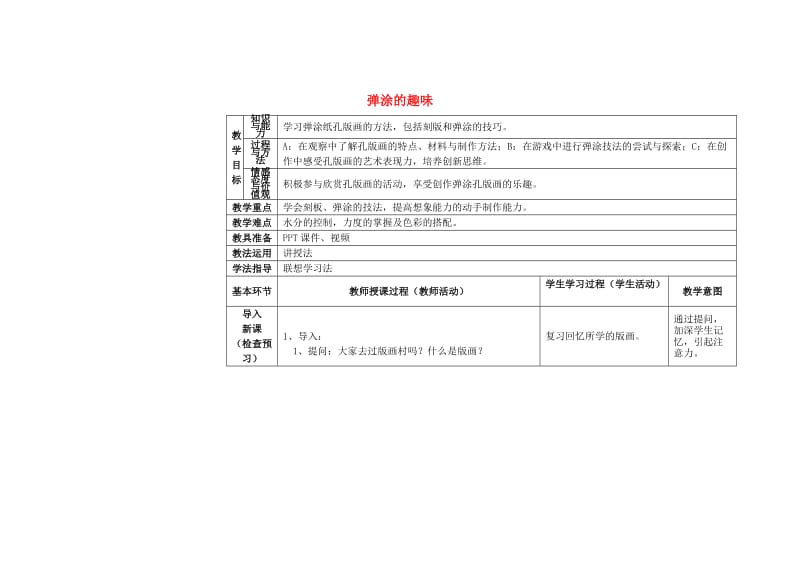 2019春四年级美术下册 第4单元 我们的版画乐园 第13课《弹涂的趣味》（第1课时）教案 岭南版.doc_第1页