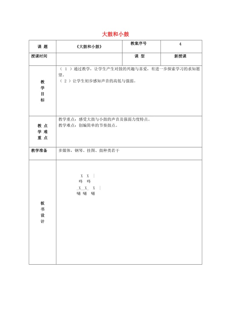 2019春一年级音乐下册 第三单元《大鼓和小鼓》教案 苏少版.doc_第1页