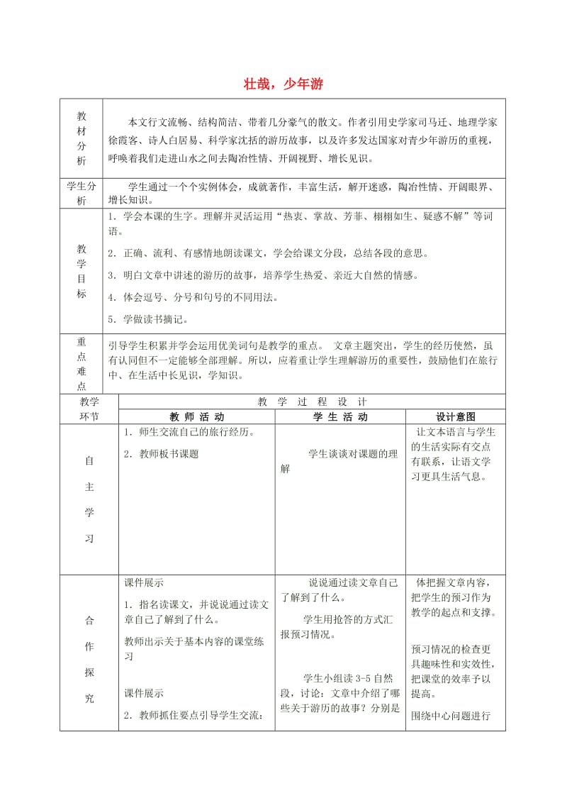 2019年秋六年级语文上册《壮哉少年游》教案2 冀教版.doc_第1页