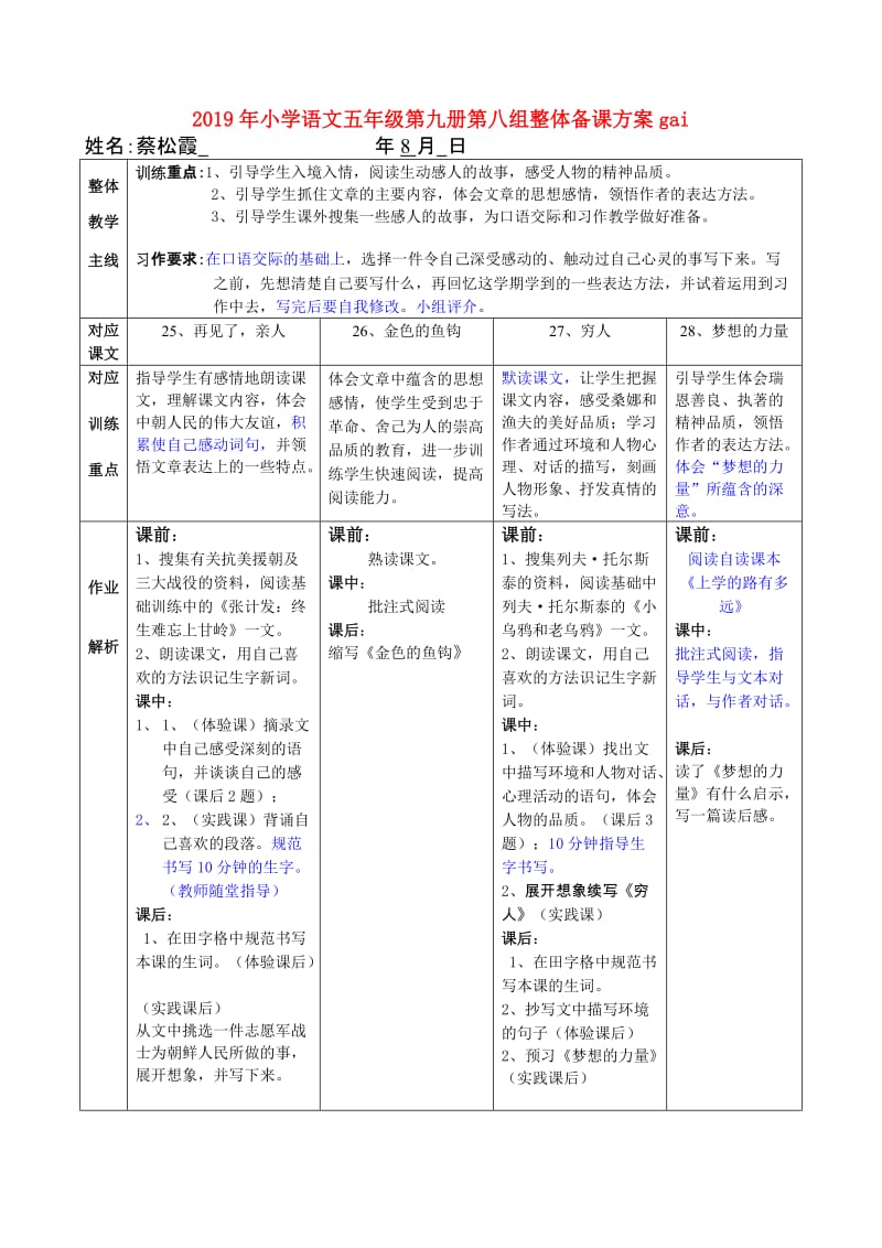 2019年小学语文五年级第九册第八组整体备课方案gai.doc_第1页