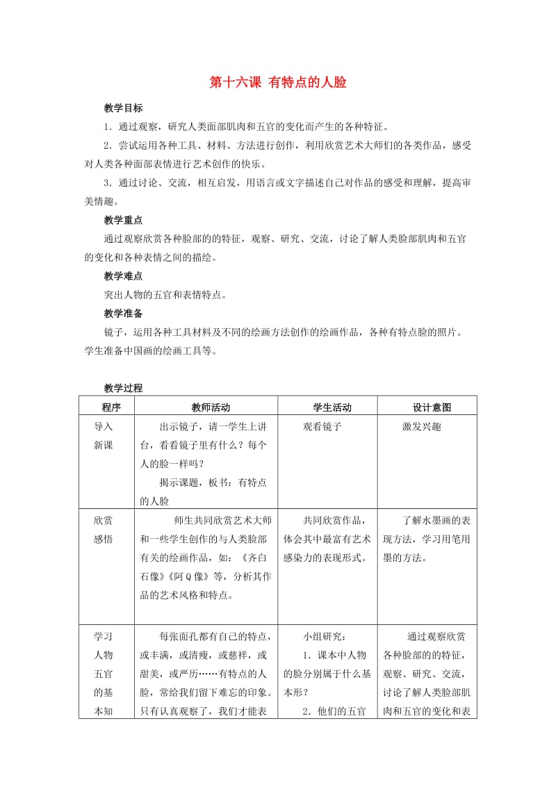 2019春五年级美术下册 第16课《有特点的人脸》教案 人美版.doc_第1页