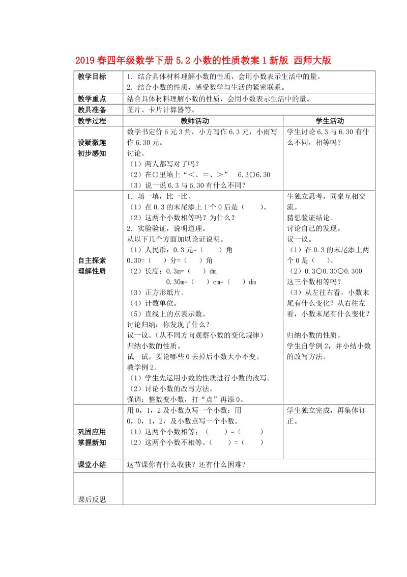 2019春四年级数学下册5.2小数的性质教案1新版 西师大版.doc_第1页