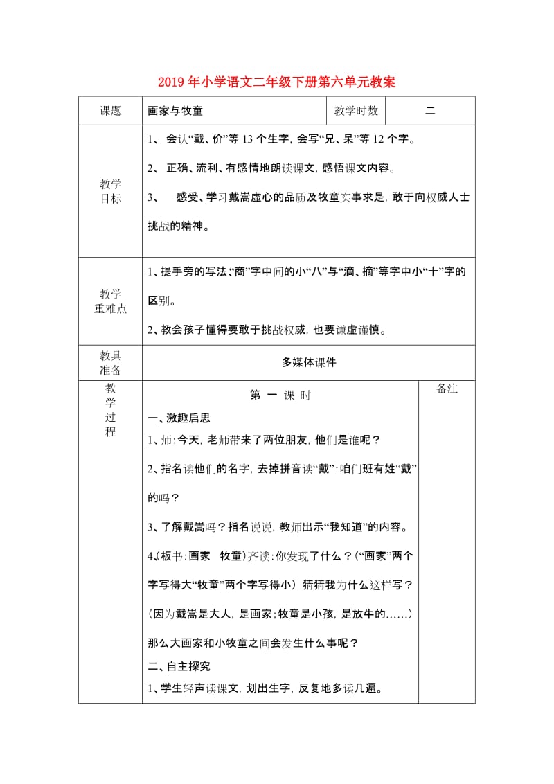 2019年小学语文二年级下册第六单元教案.doc_第1页