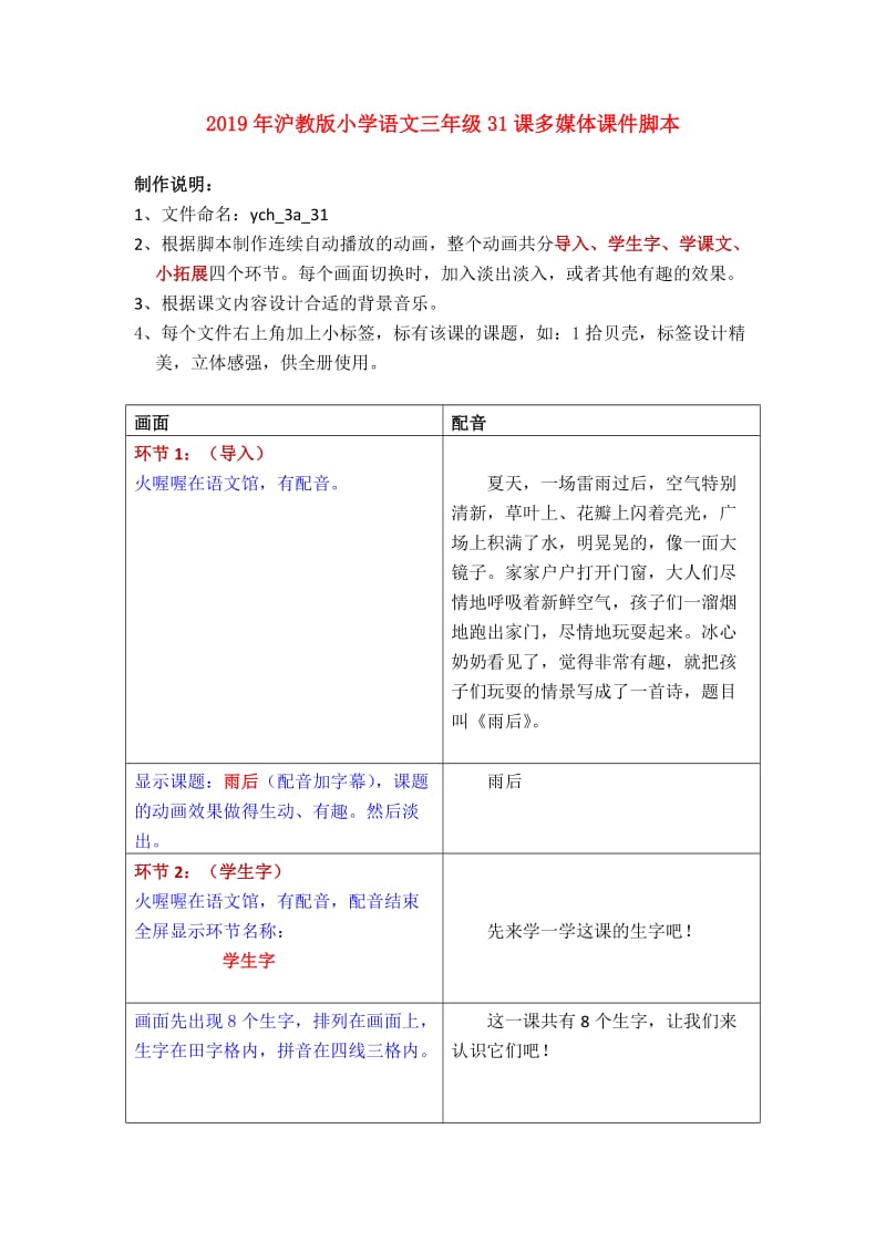 2019年沪教版小学语文三年级31课多媒体课件脚本.doc_第1页