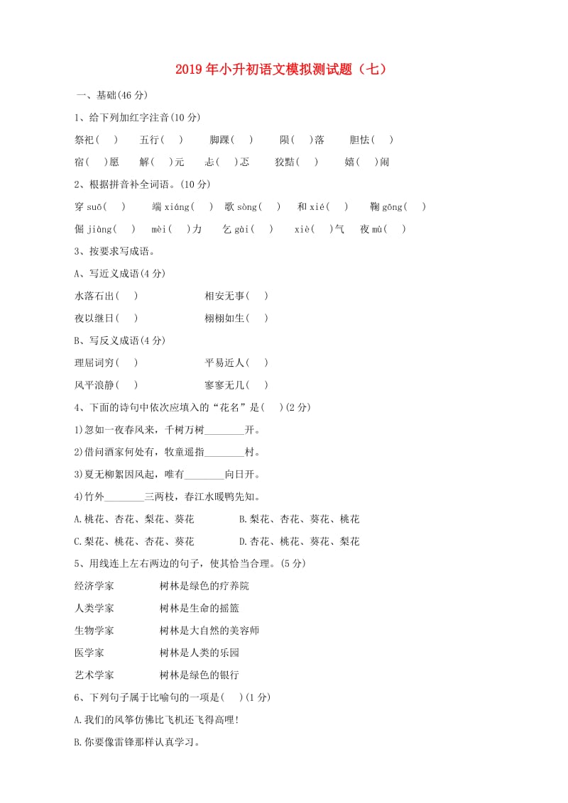 2019年小升初语文模拟测试题（七）.doc_第1页